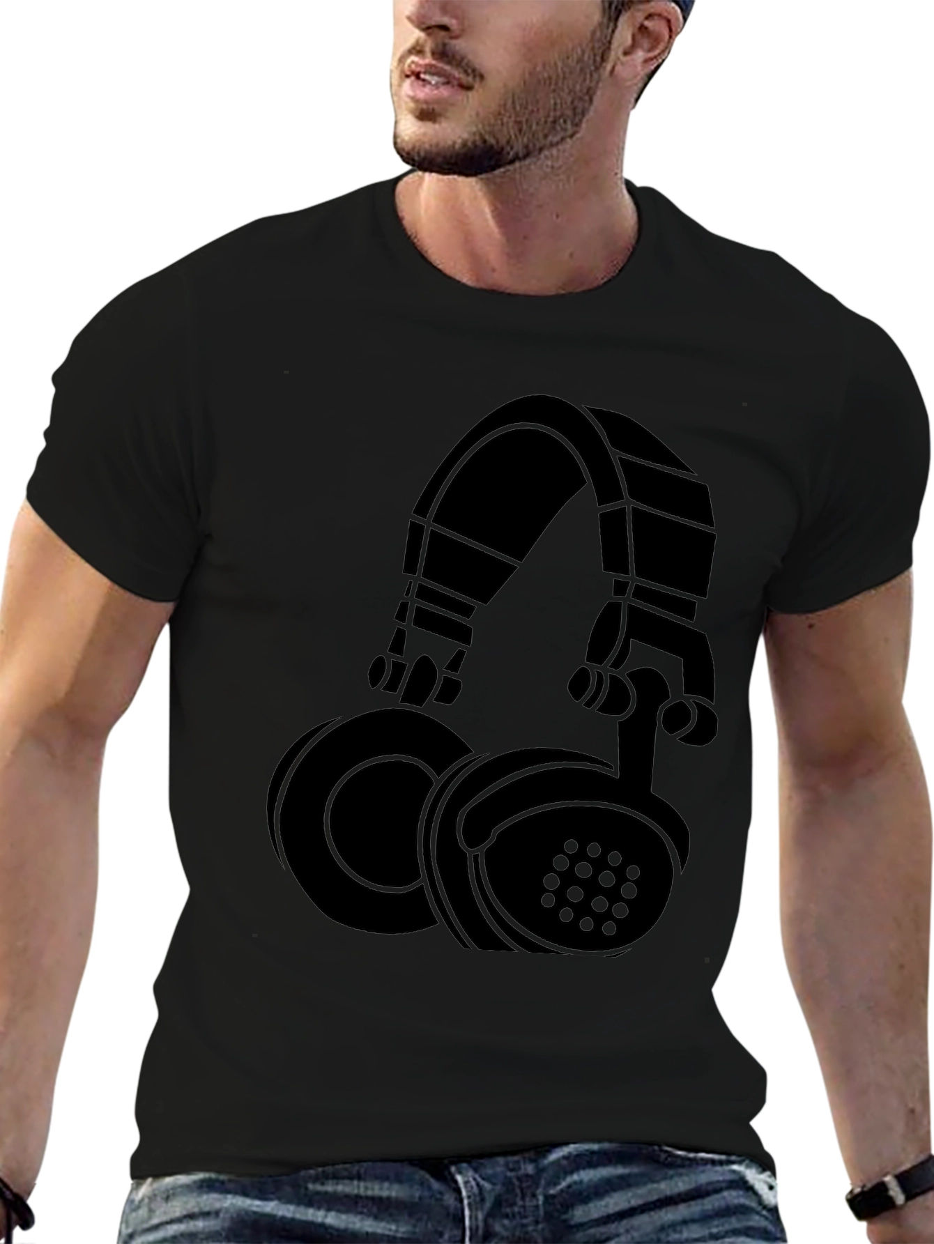 Black Graphic Tee - Headphones Design