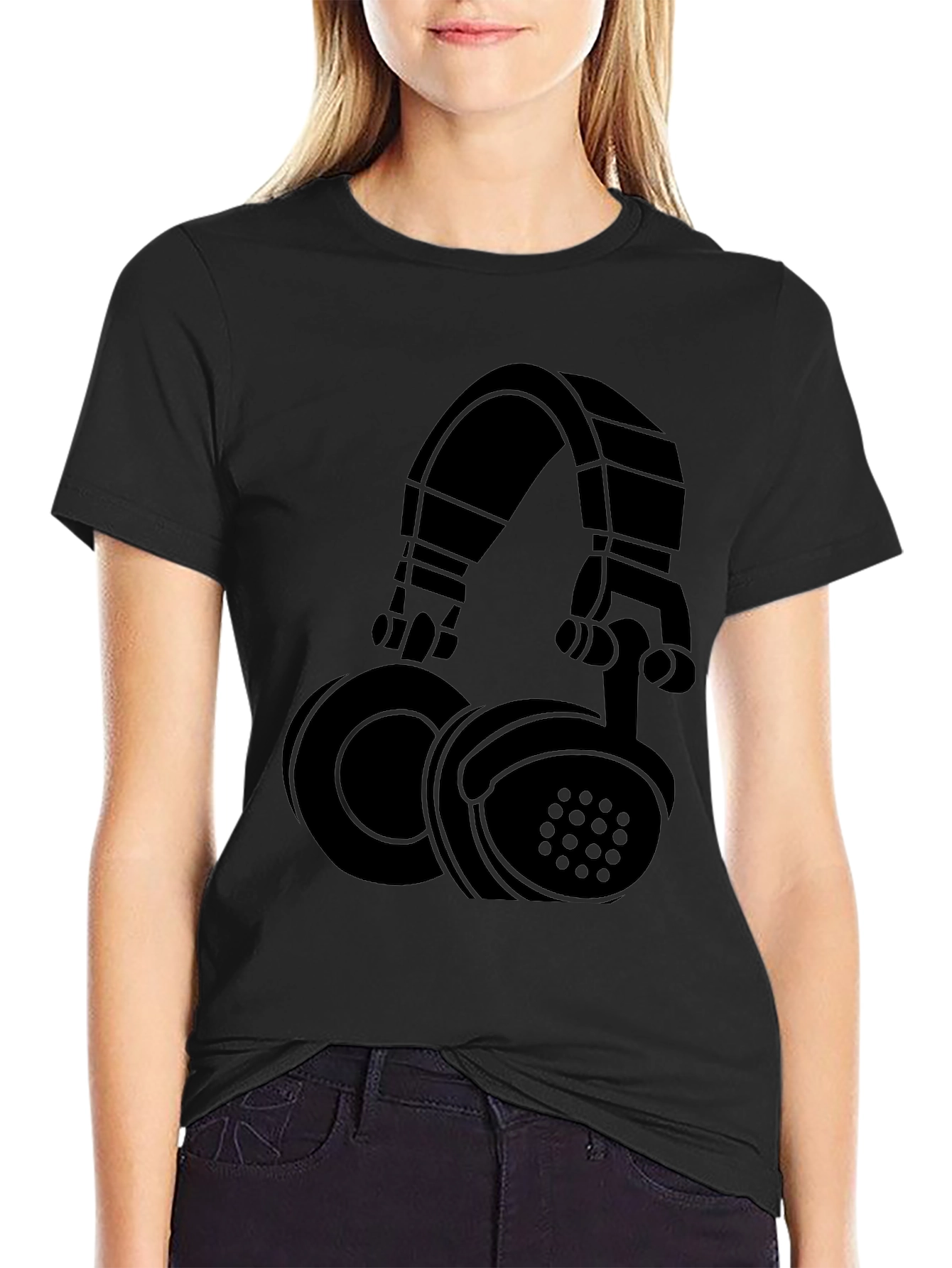 Black Graphic Tee - Headphones Design