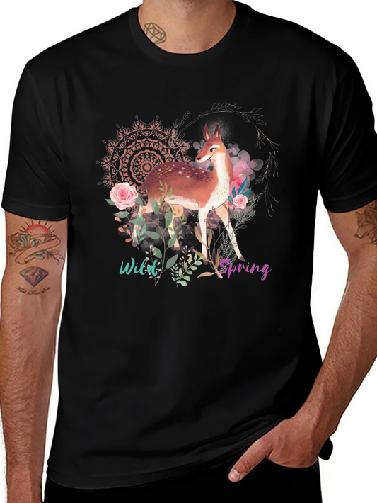 Floral Deer Graphic Tee - Wild Spring Black T-Shirt