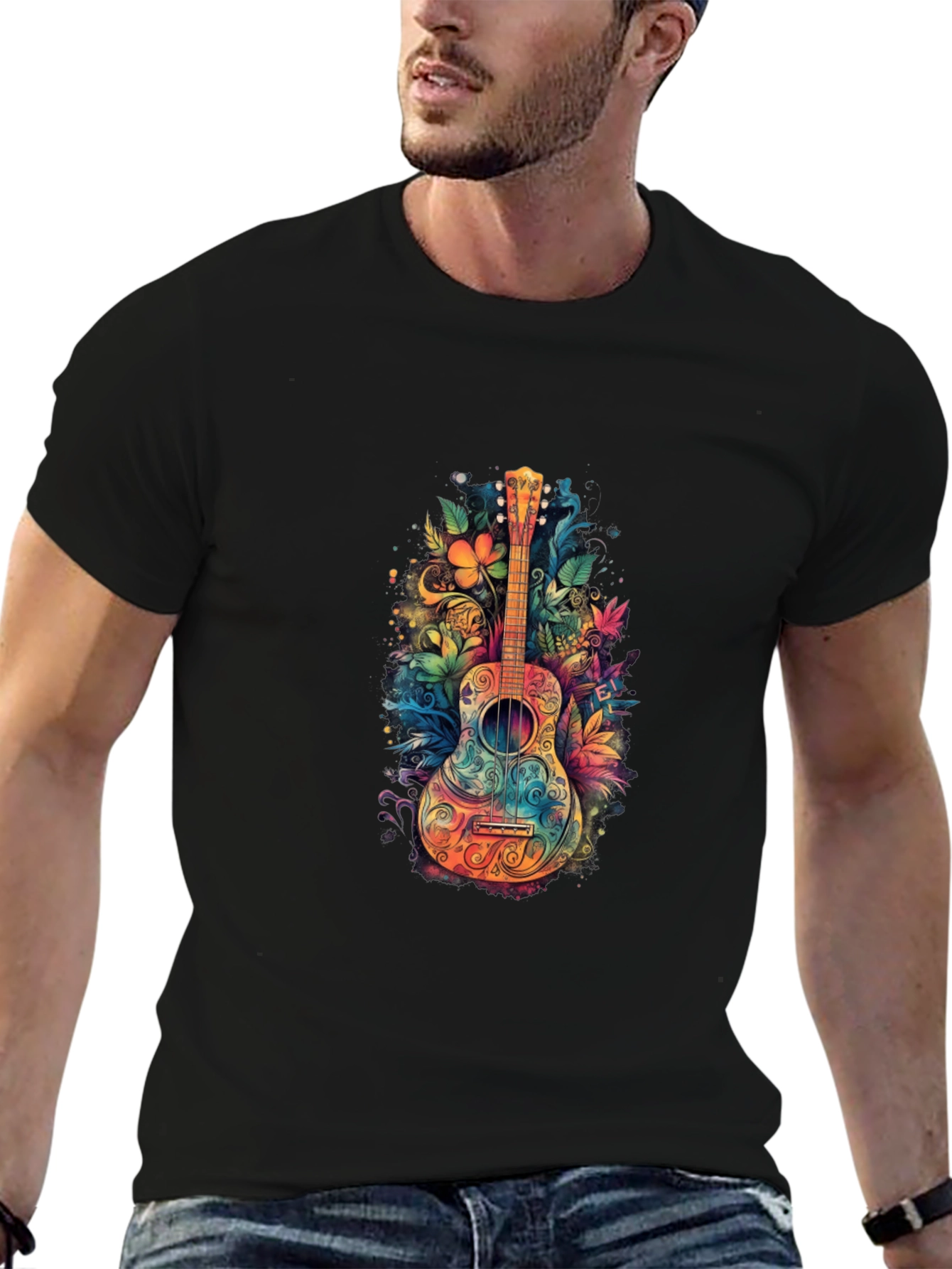 Floral Guitar Graphic Tee - Unique Music Shirt