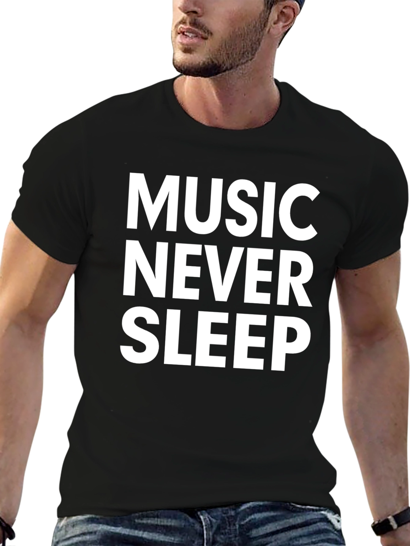 Music Never Sleep Graphic Tee - Black Cotton T-Shirt