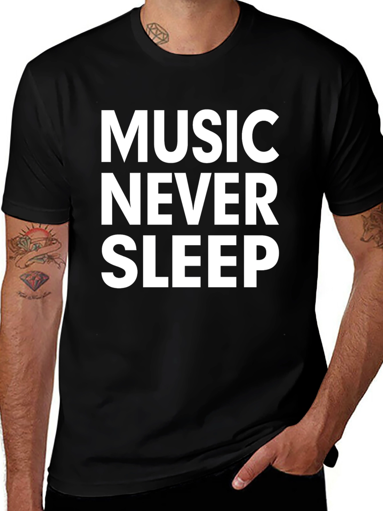Music Never Sleep Graphic Tee - Black Cotton T-Shirt