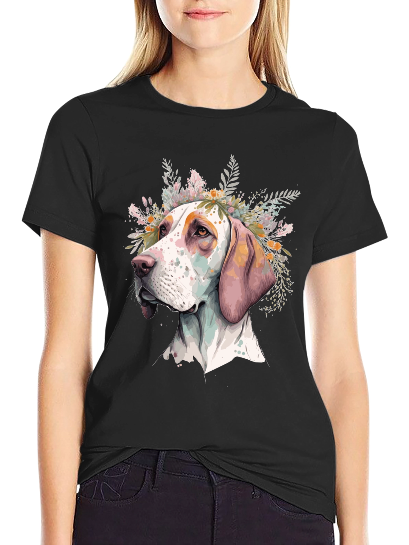 Dog with Floral Crown Mens Black T-Shirt