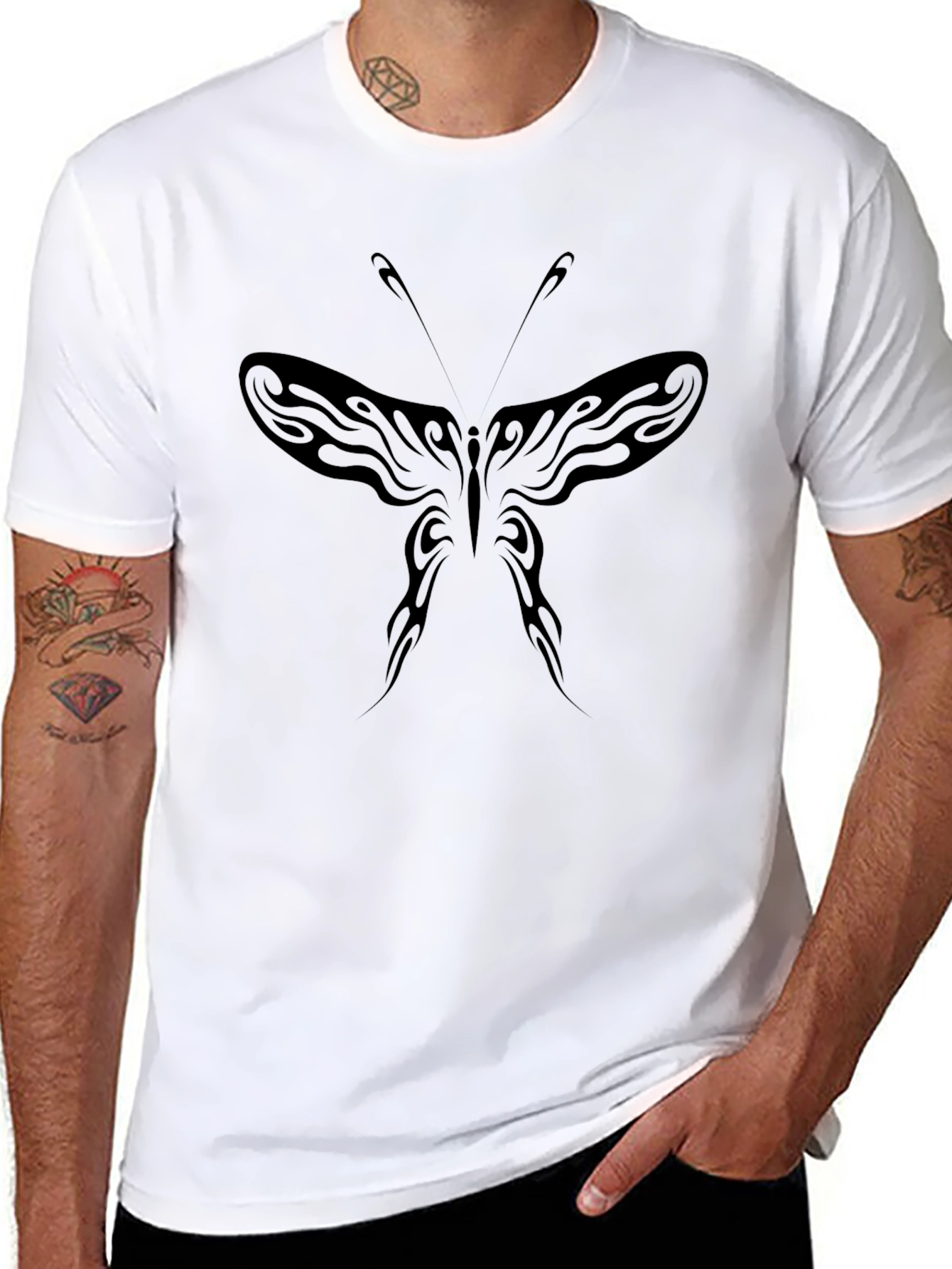Mens Black Butterfly Tattoo Style Graphic Tee