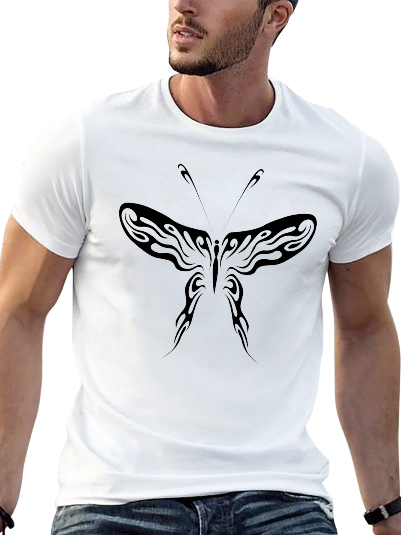Mens Black Butterfly Tattoo Style Graphic Tee