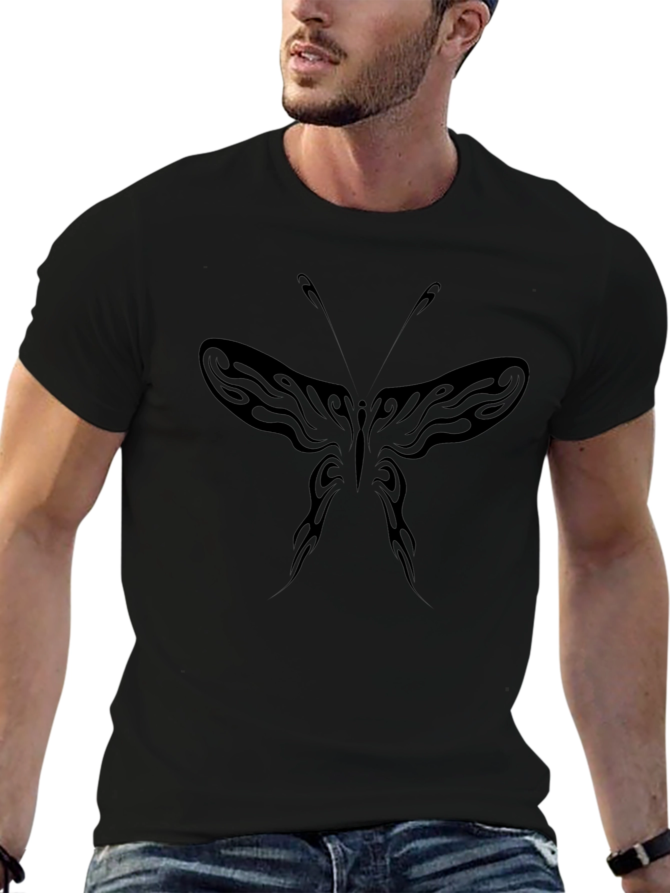 Mens Black Butterfly Tattoo Style Graphic Tee