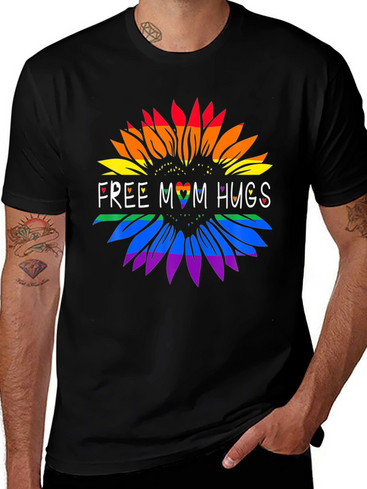 Rainbow Sunflower Free Mom Hugs Graphic Tee - Black