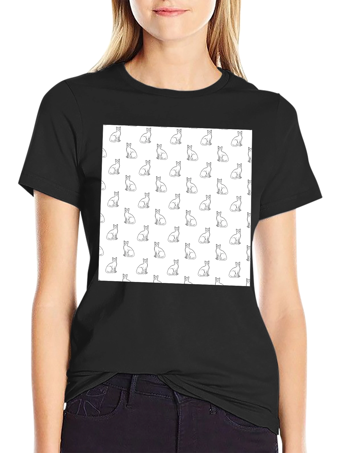 Cool Cat Pattern Black T-Shirt