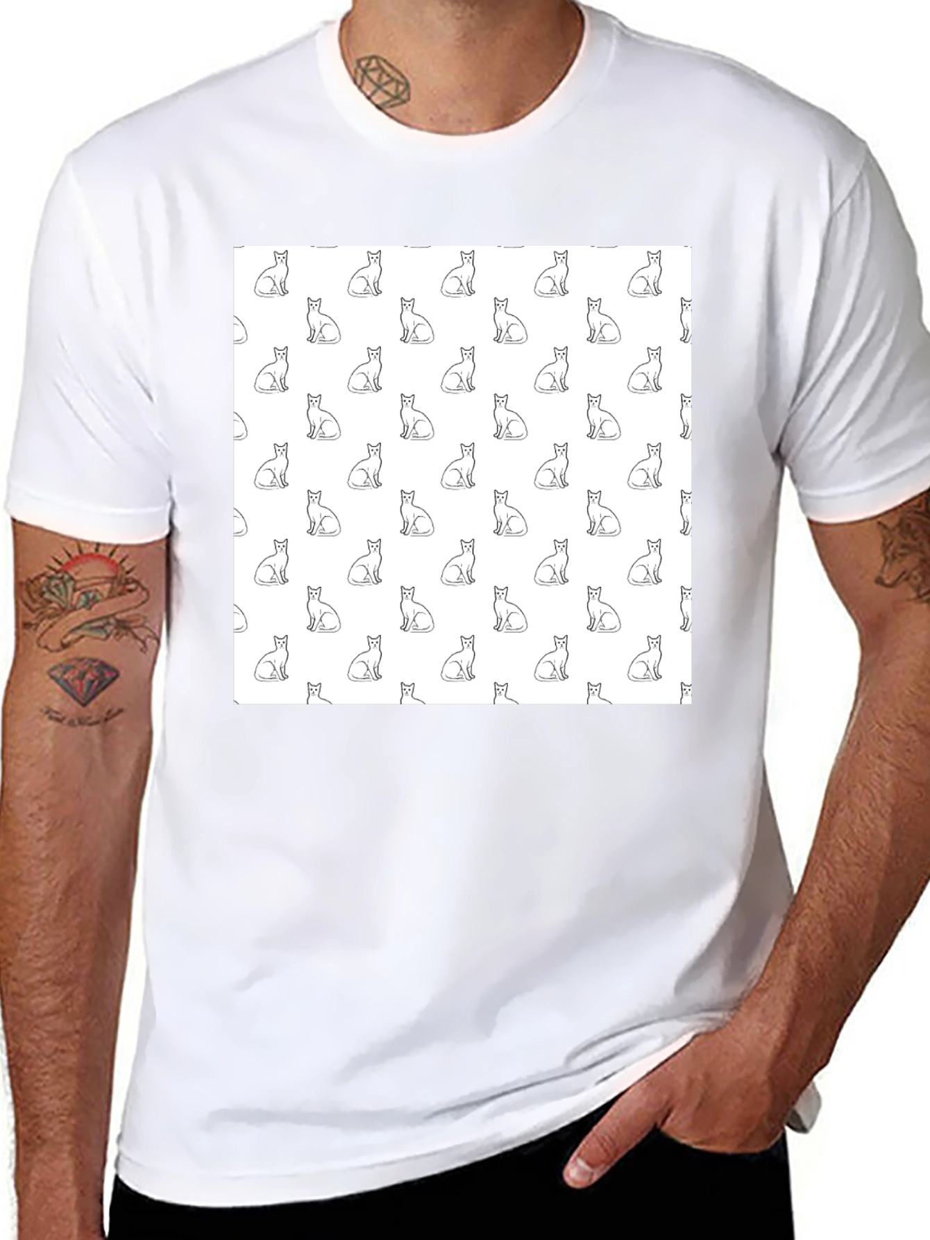 Cool Cat Pattern Black T-Shirt