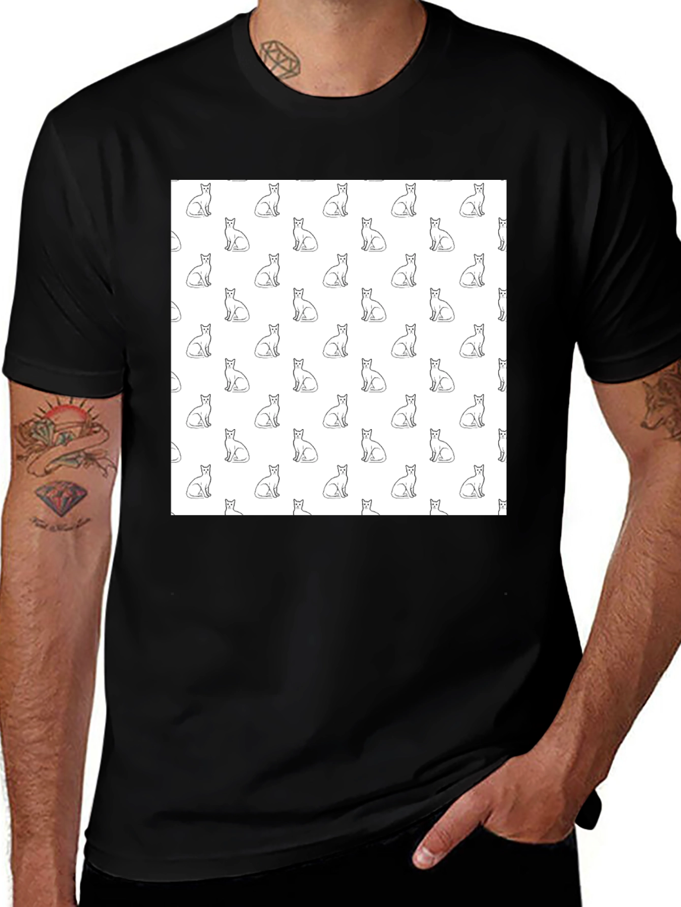 Cool Cat Pattern Black T-Shirt