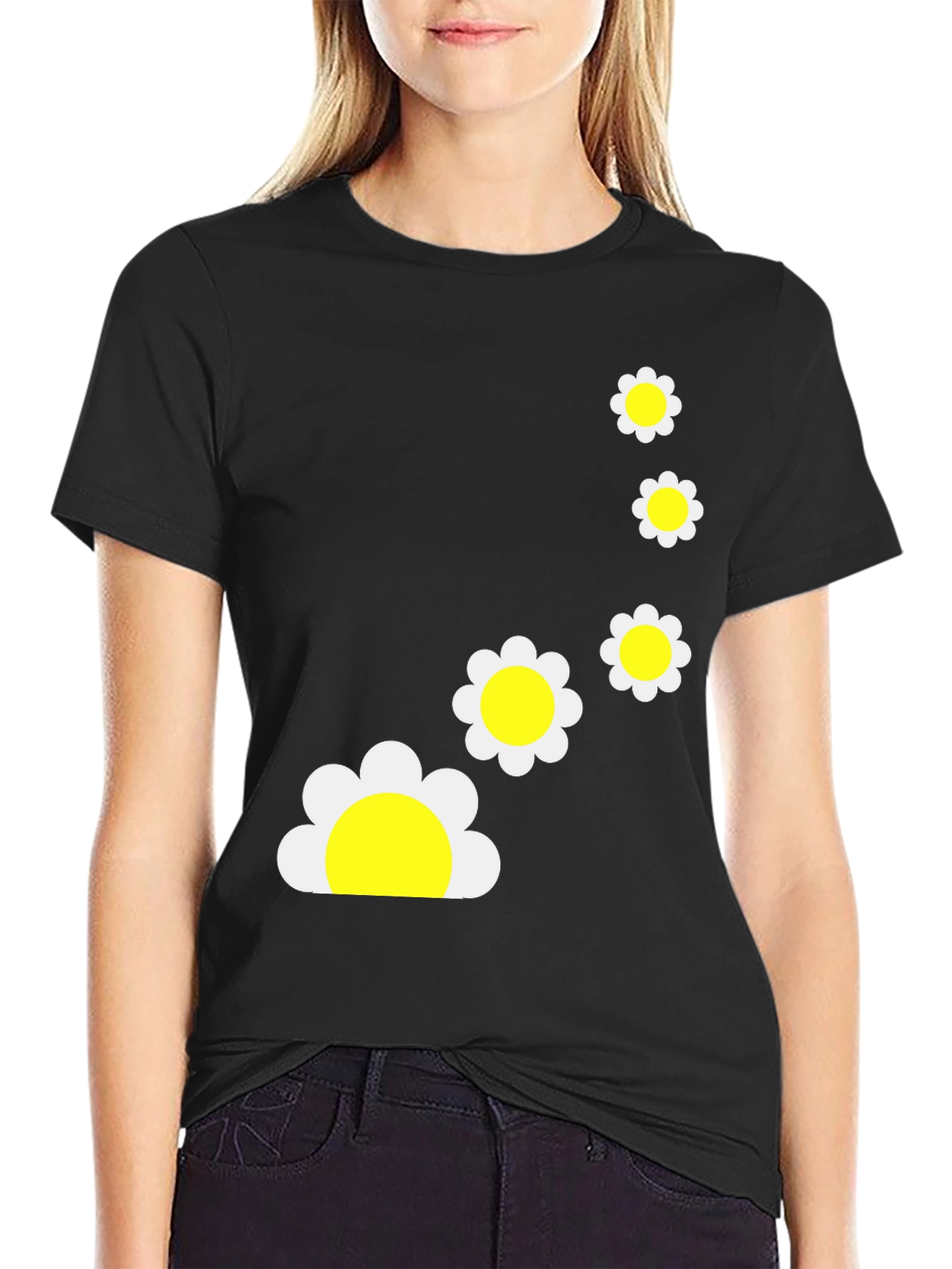 Black T-Shirt with Daisy Flower Graphic