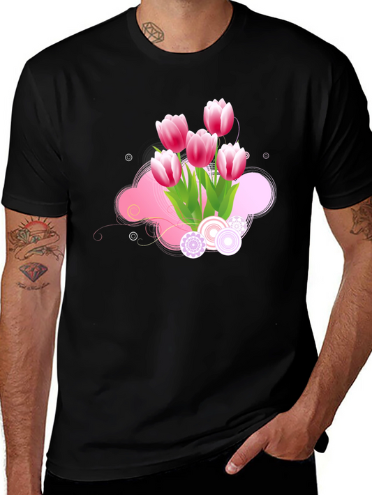 Tulip Graphic Tee - Stylish Floral Design Black Cotton