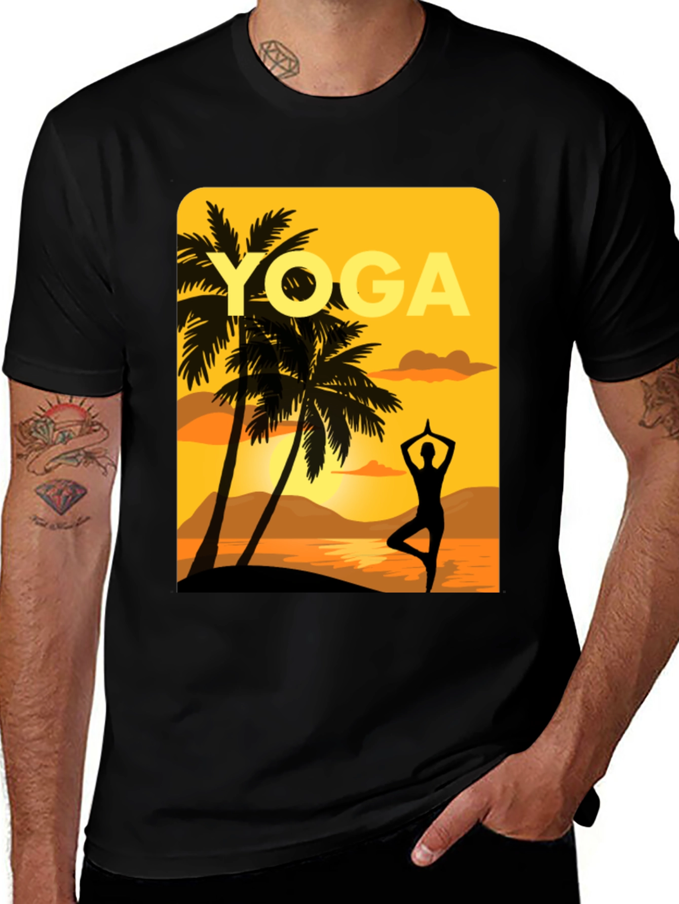 Yoga Sunset Graphic Tee - Relaxed Fit Black T-Shirt