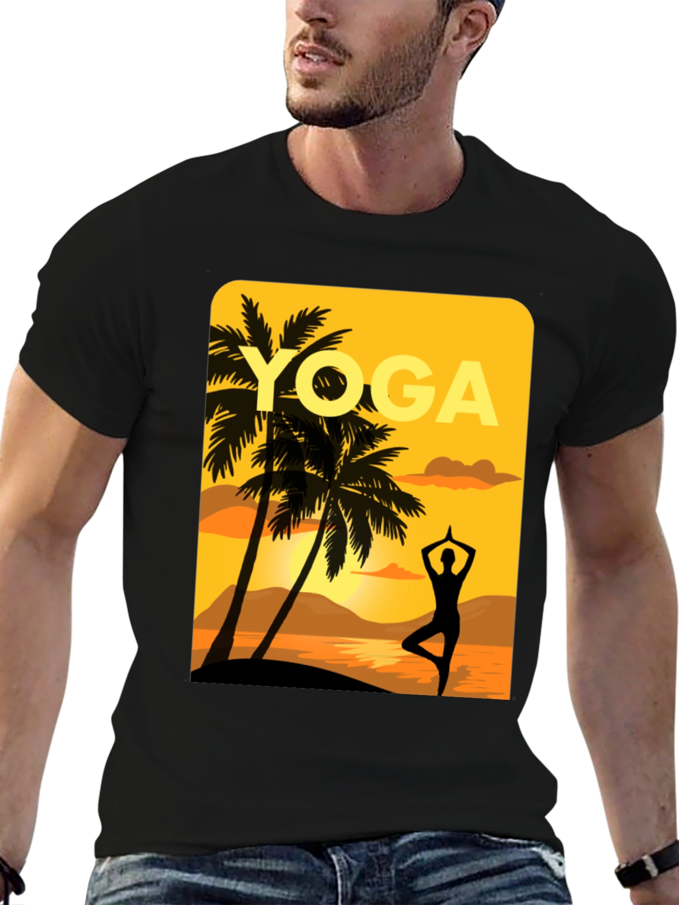 Yoga Sunset Graphic Tee - Relaxed Fit Black T-Shirt