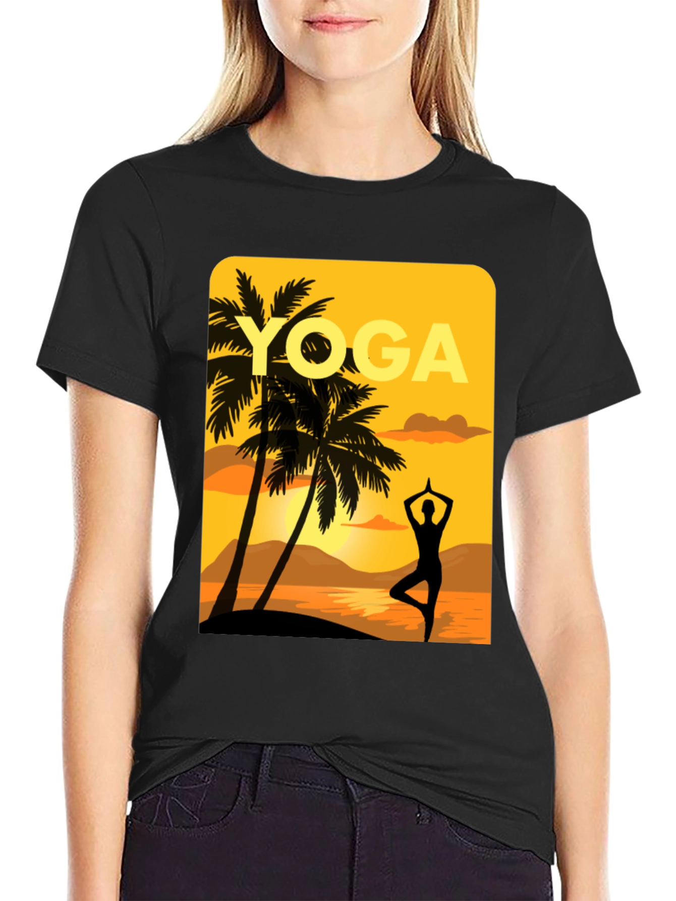 Yoga Sunset Graphic Tee - Relaxed Fit Black T-Shirt