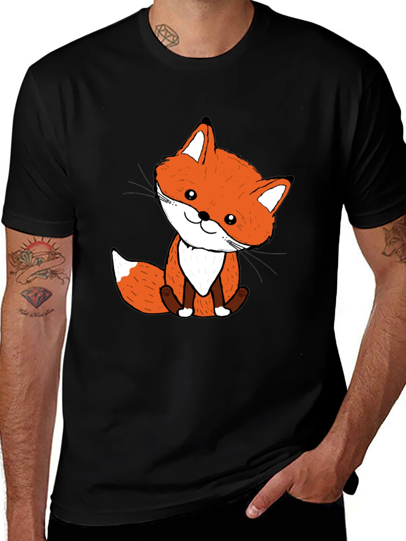 Cute Fox Graphic Tee - Black Cotton Blend