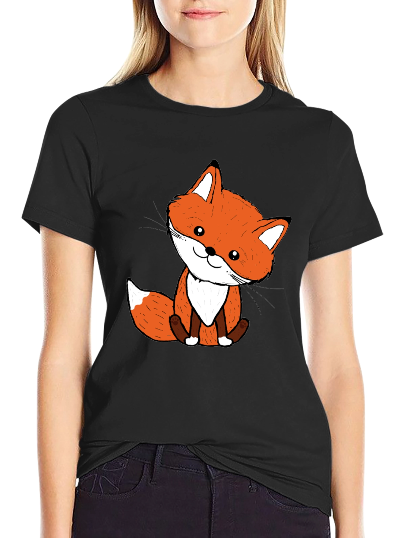 Cute Fox Graphic Tee - Black Cotton Blend
