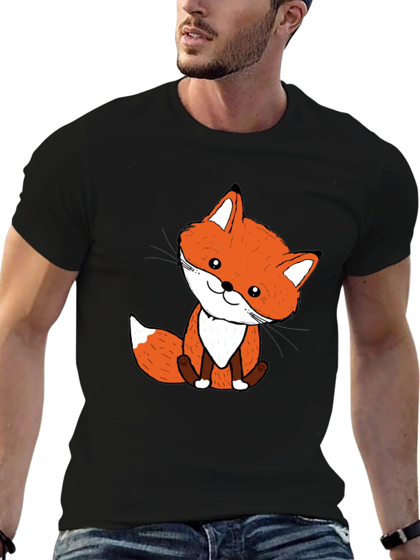 Cute Fox Graphic Tee - Black Cotton Blend