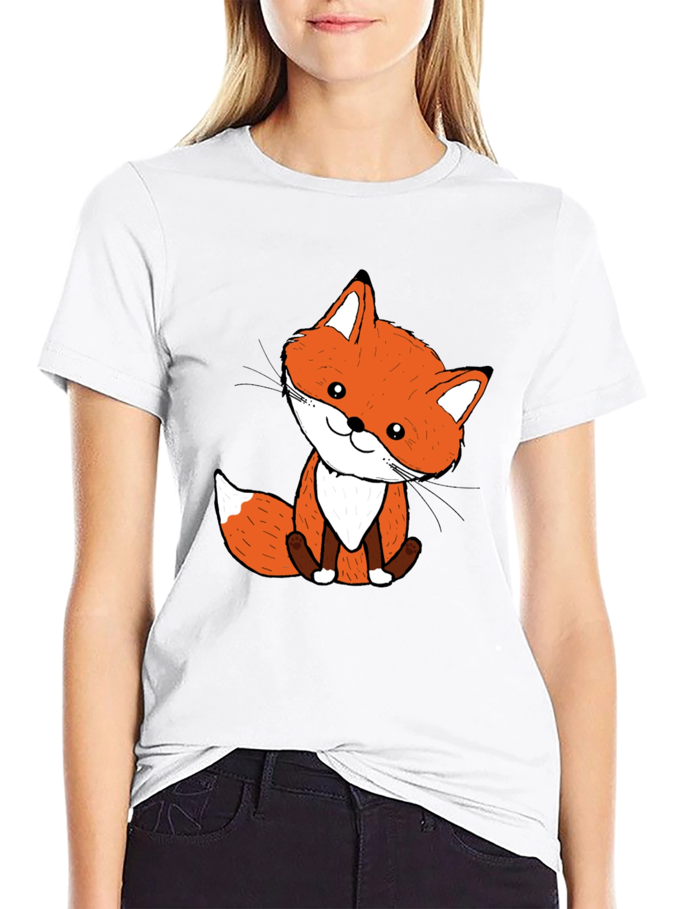 Cute Fox Graphic Tee - Black Cotton Blend