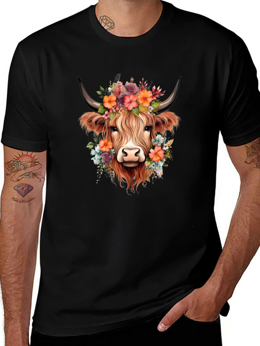 Floral Highland Cow Graphic Tee - Trendy Casual Top