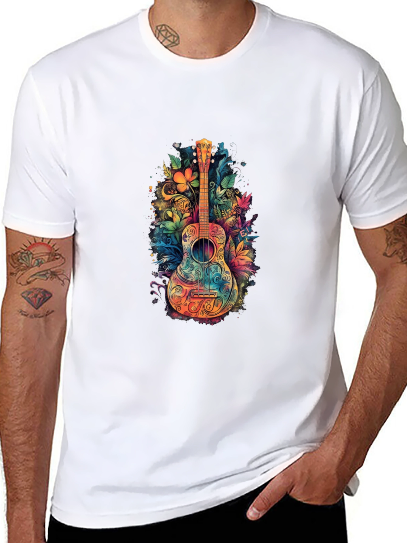 Floral Guitar Graphic Tee - Unique Music Shirt