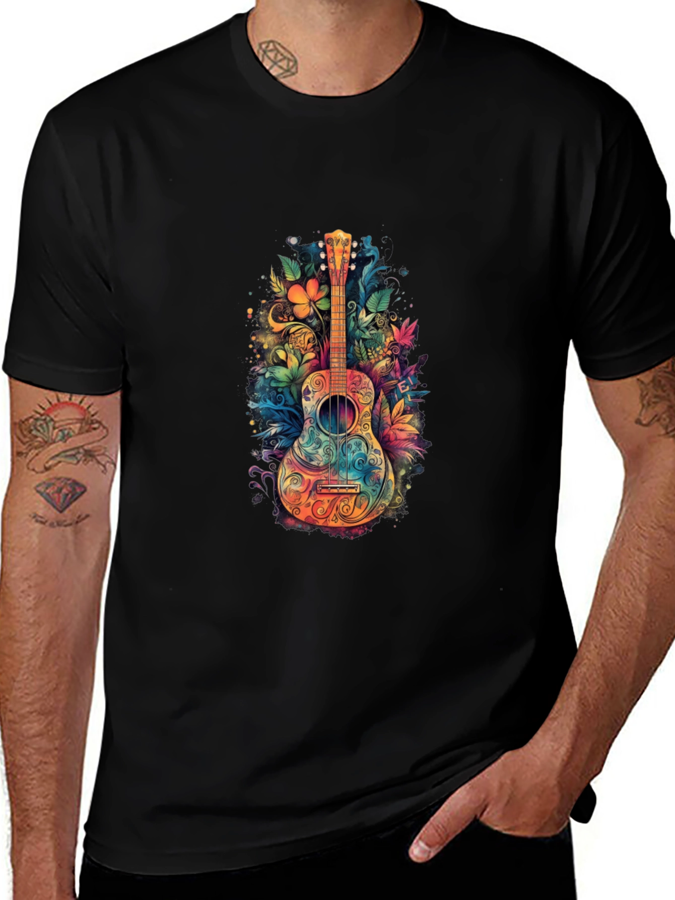 Floral Guitar Graphic Tee - Unique Music Shirt