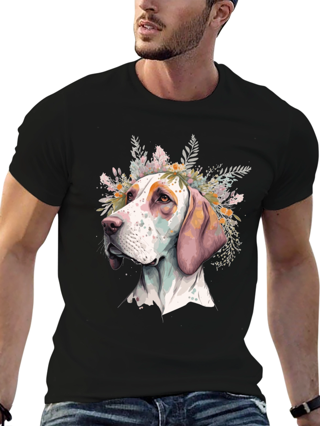 Dog with Floral Crown Mens Black T-Shirt