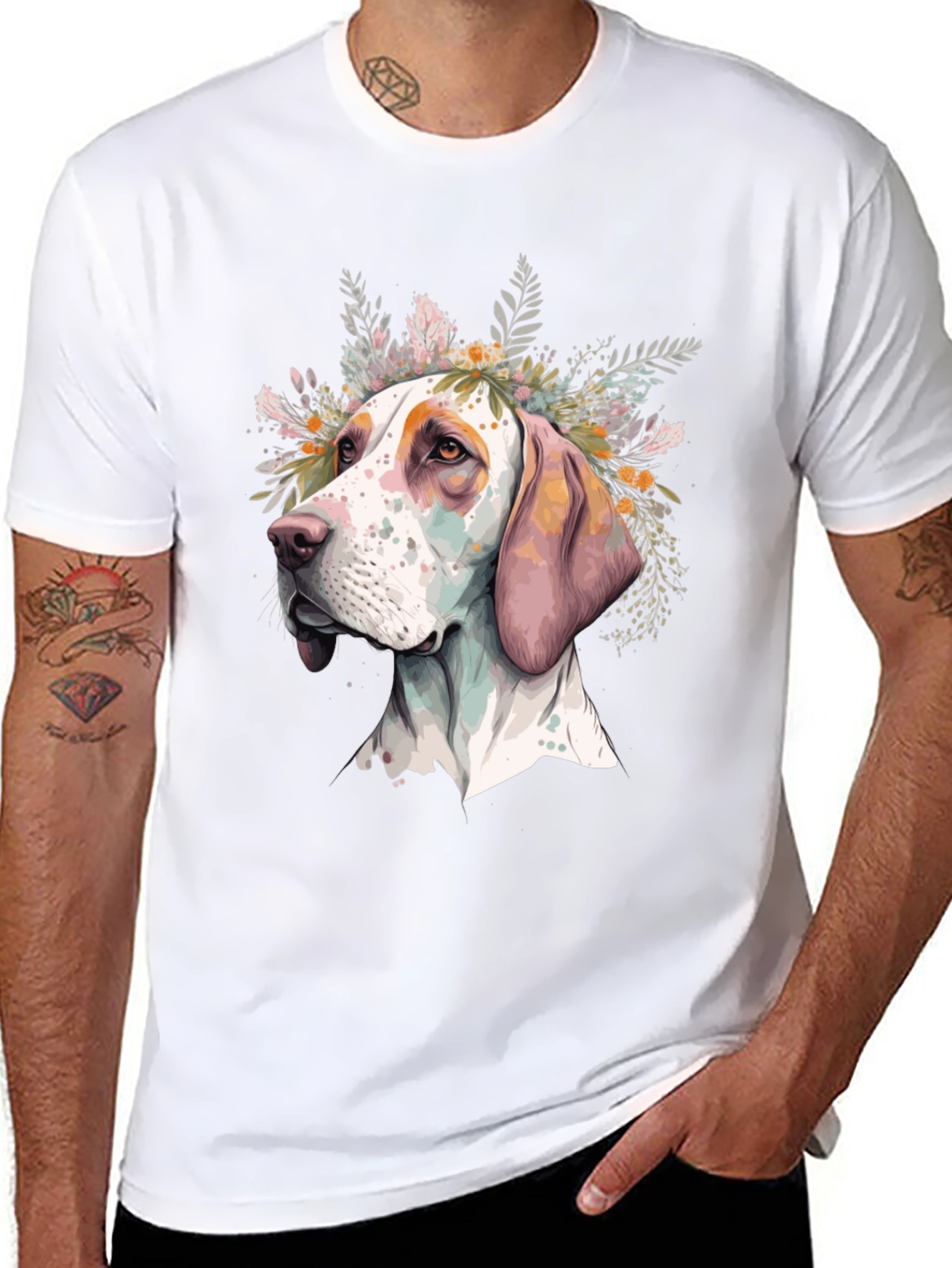 Dog with Floral Crown Mens Black T-Shirt