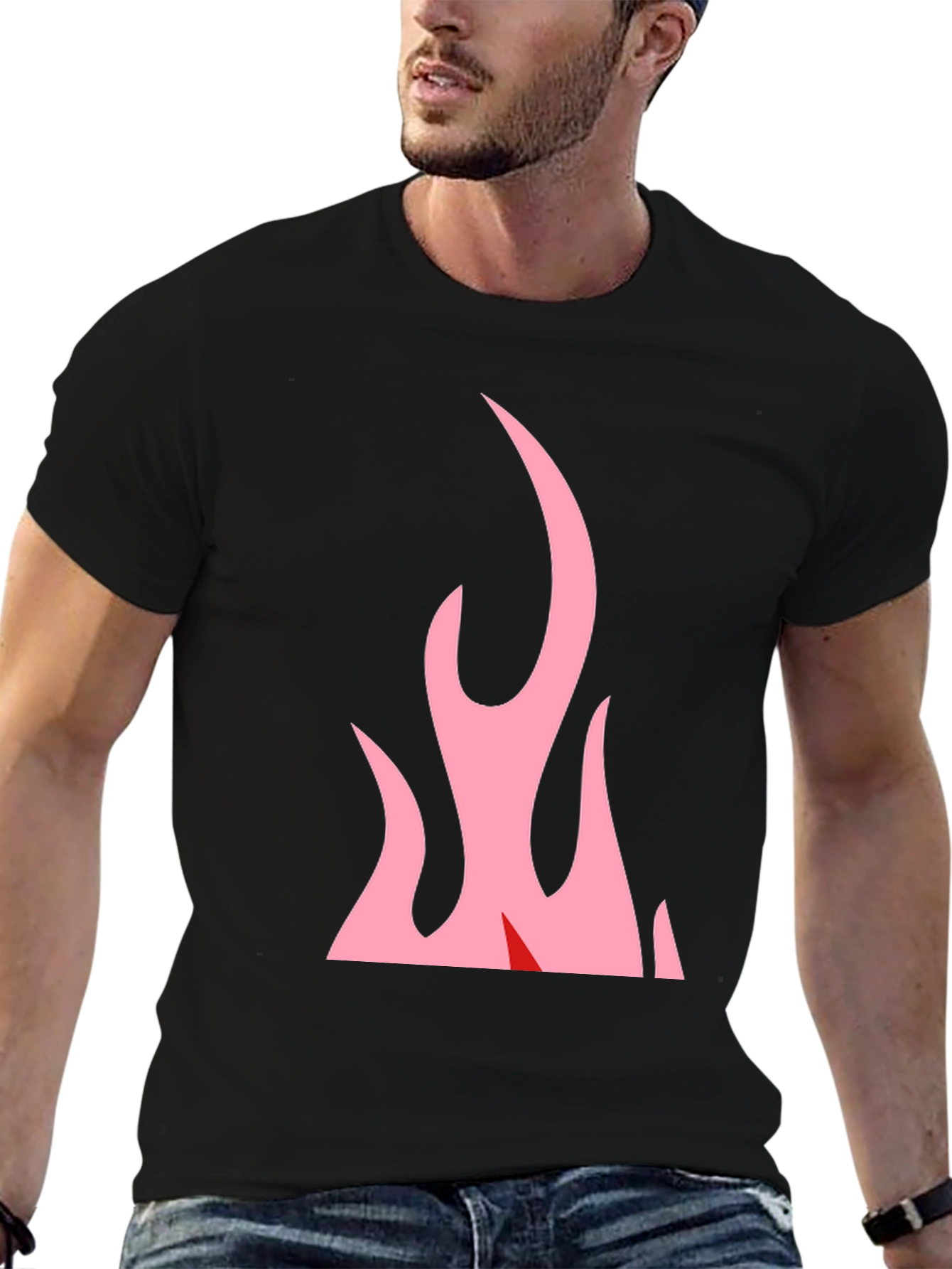 Black T-Shirt with Pink Flames Graphic