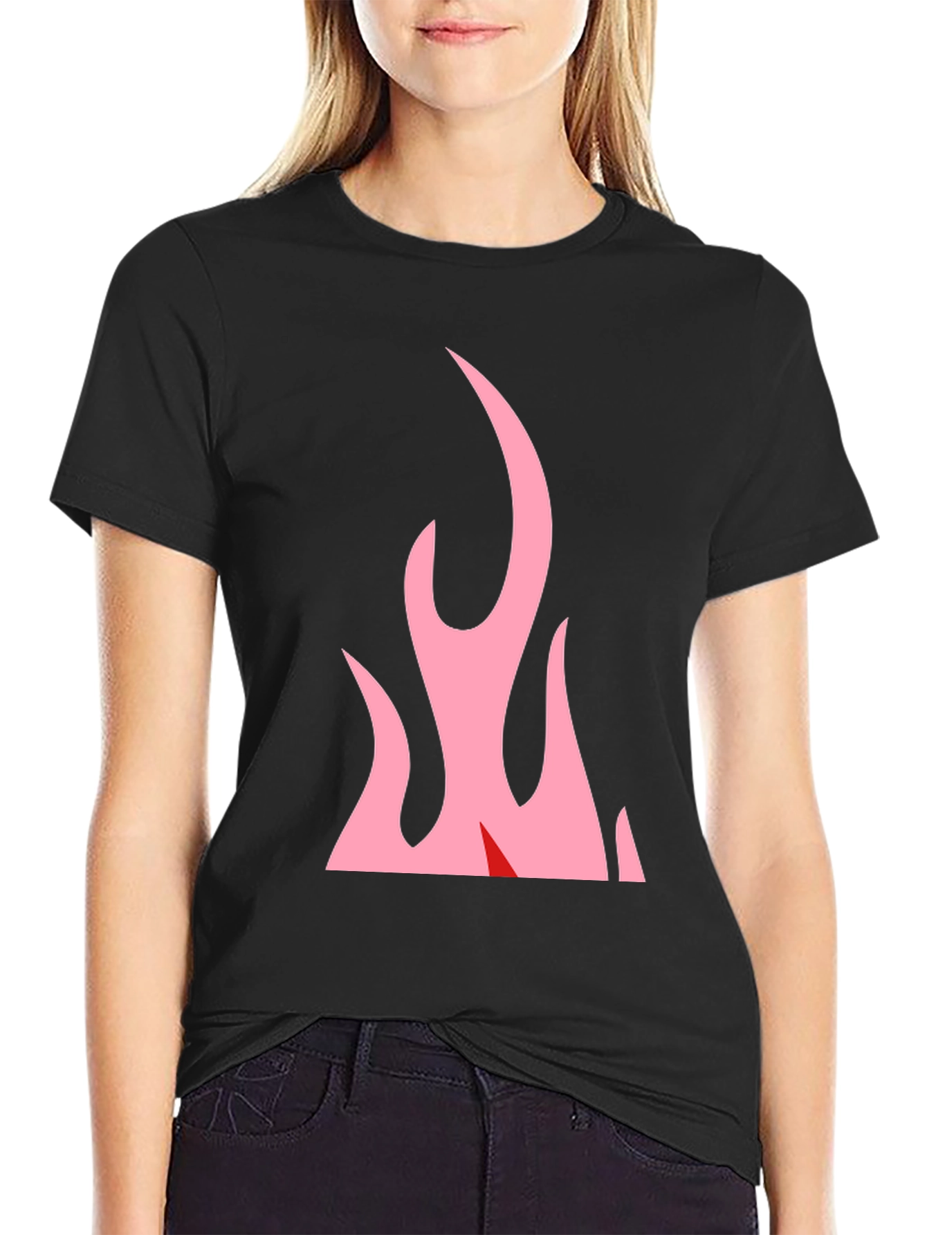 Black T-Shirt with Pink Flames Graphic
