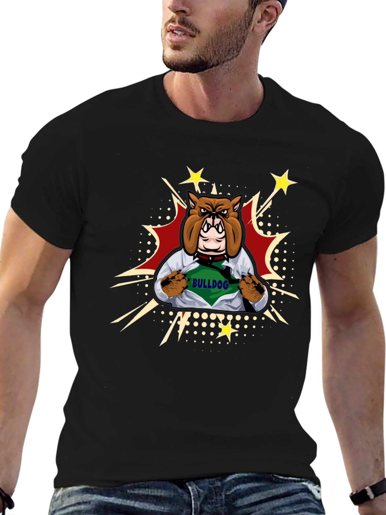 Bulldog Superhero Graphic Tee - Mens Black T-Shirt