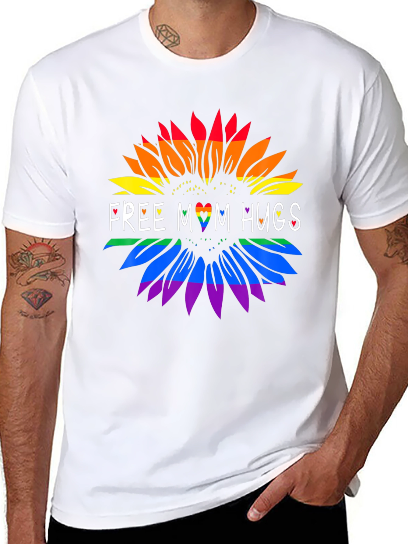 Rainbow Sunflower Free Mom Hugs Graphic Tee - Black