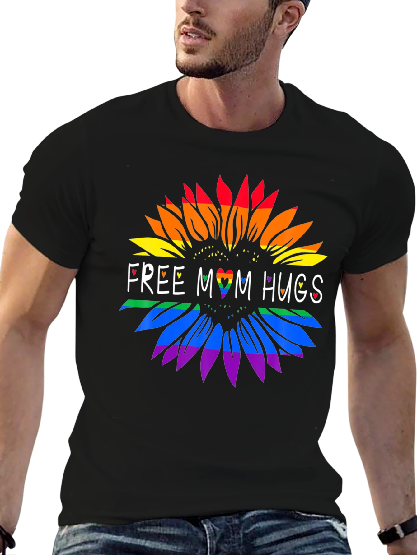 Rainbow Sunflower Free Mom Hugs Graphic Tee - Black