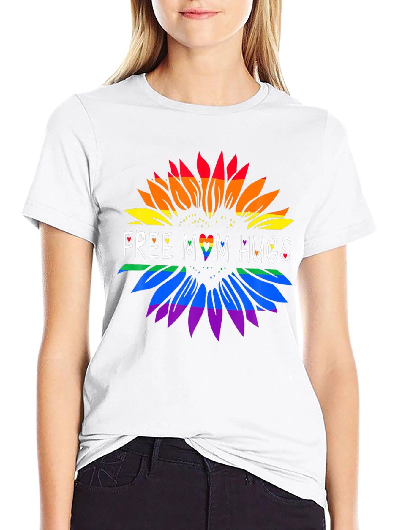 Rainbow Sunflower Free Mom Hugs Graphic Tee - Black
