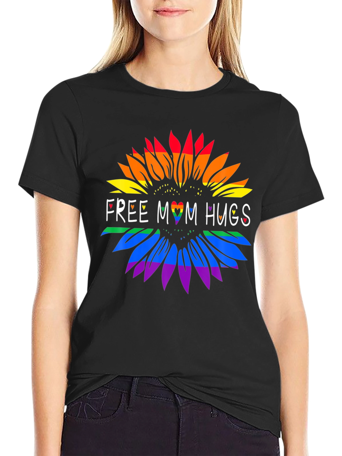 Rainbow Sunflower Free Mom Hugs Graphic Tee - Black
