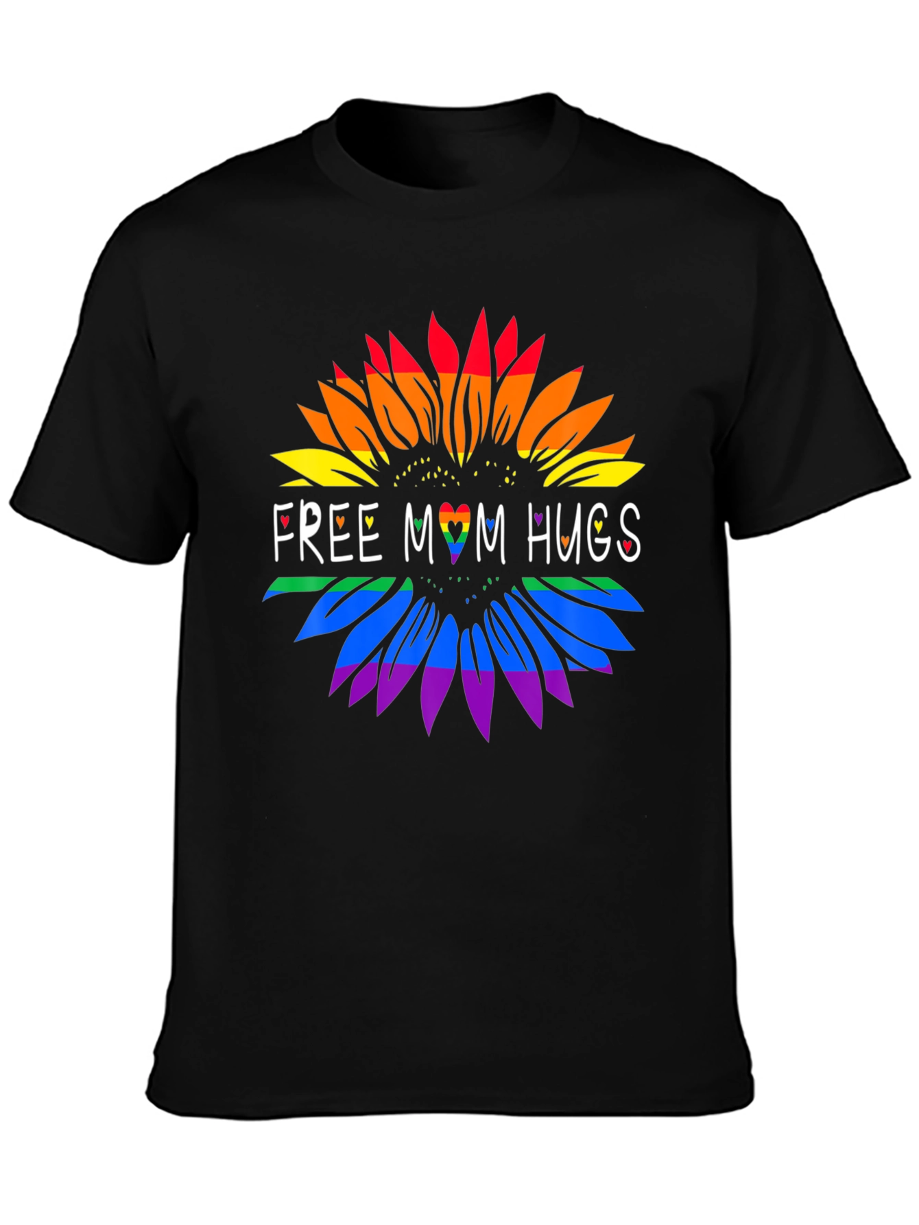 Rainbow Sunflower Free Mom Hugs Graphic Tee - Black