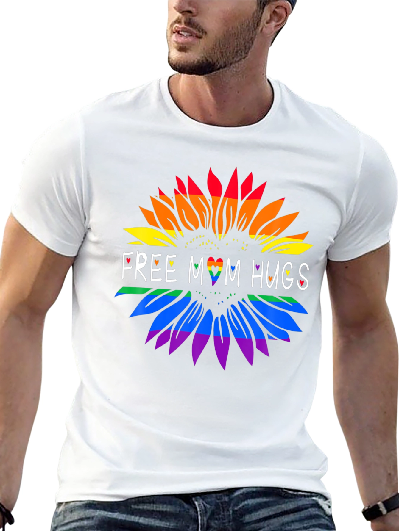 Rainbow Sunflower Free Mom Hugs Graphic Tee - Black