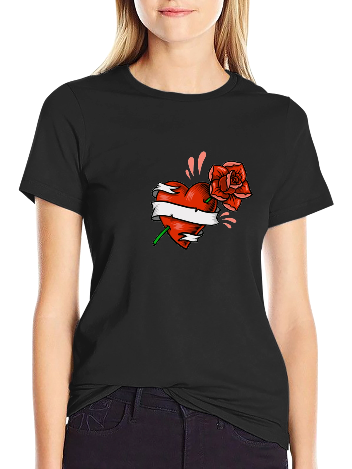 Heart & Rose Graphic Tee - Black