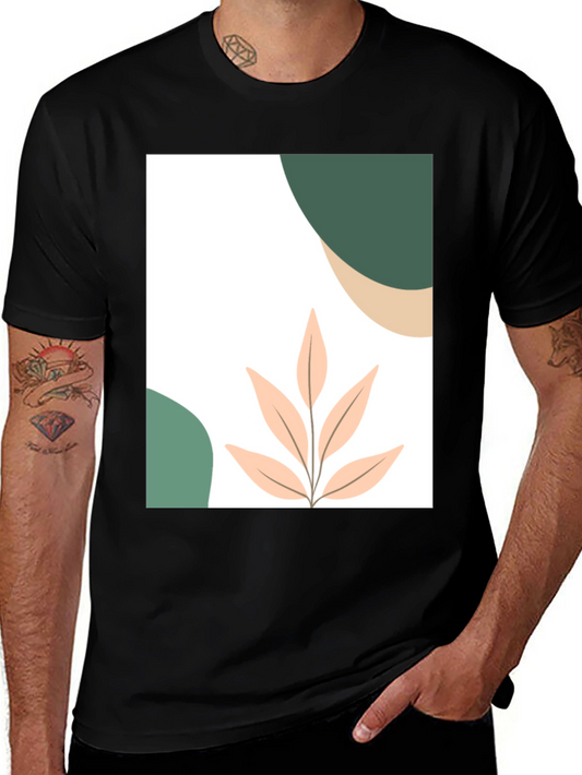 Modern Abstract Leaf Graphic Tee - Black Cotton Casual T-Shirt