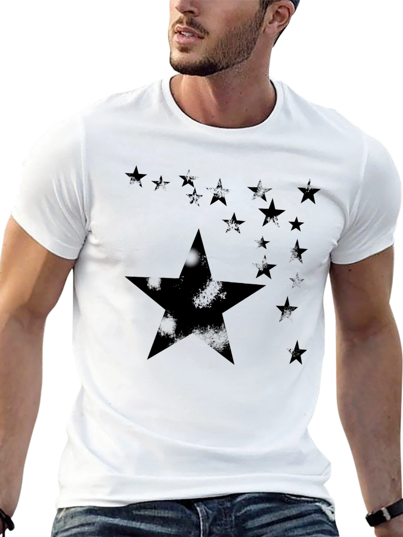 Starry Night Black Tee - Distressed Star Design