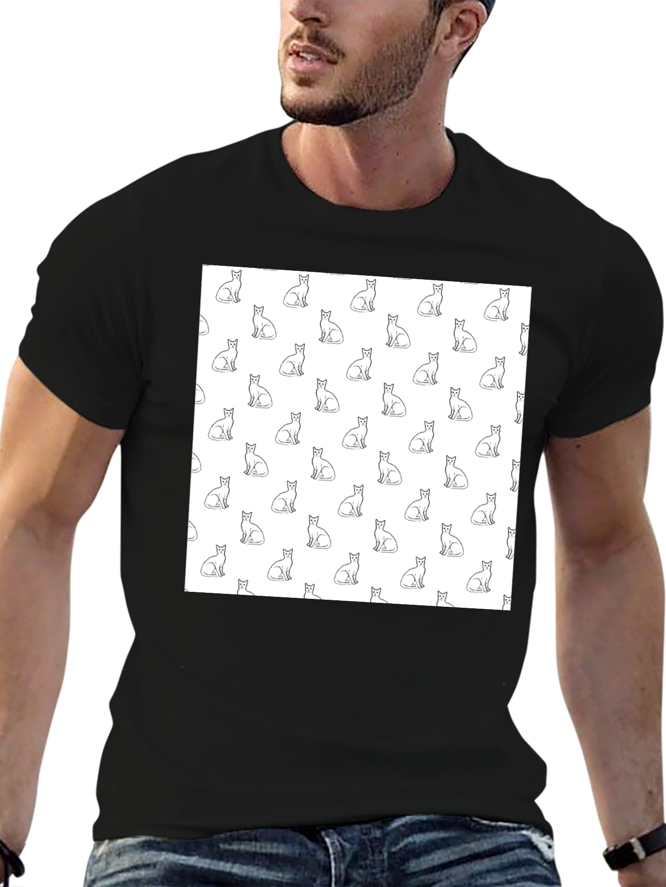 Cool Cat Pattern Black T-Shirt