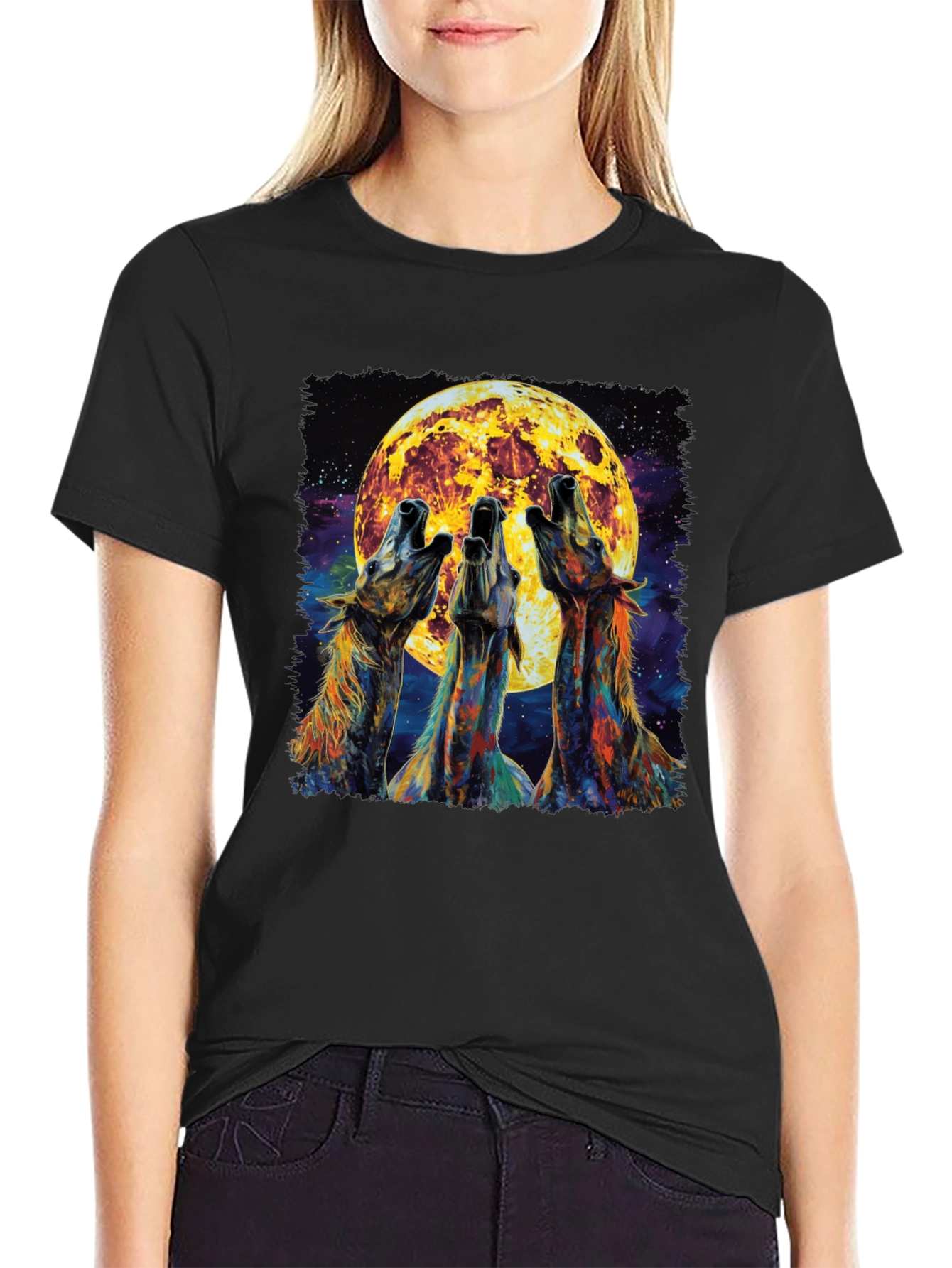 Howling Wolves Moon Graphic Tee - Black
